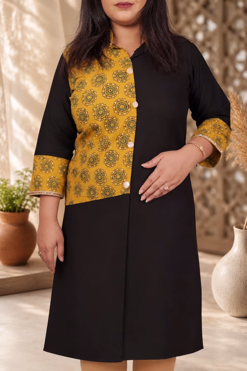 Front view of Bagru Block Print Pure Cotton Kurti in Black and Mustard
