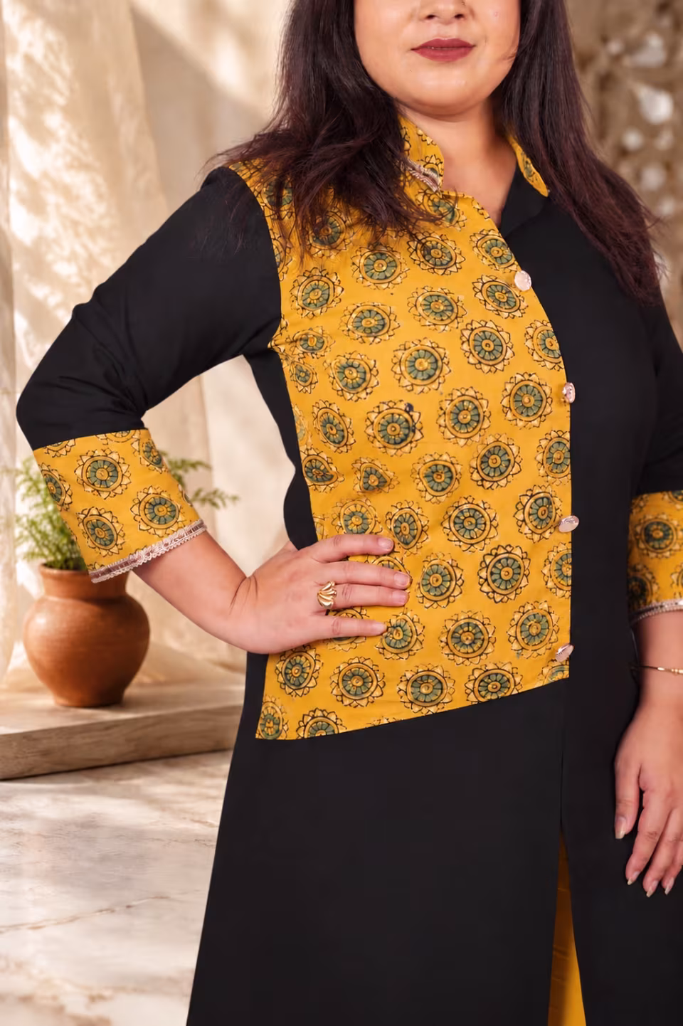 Bagru Block Print yoke detail on Black Cotton Kurti