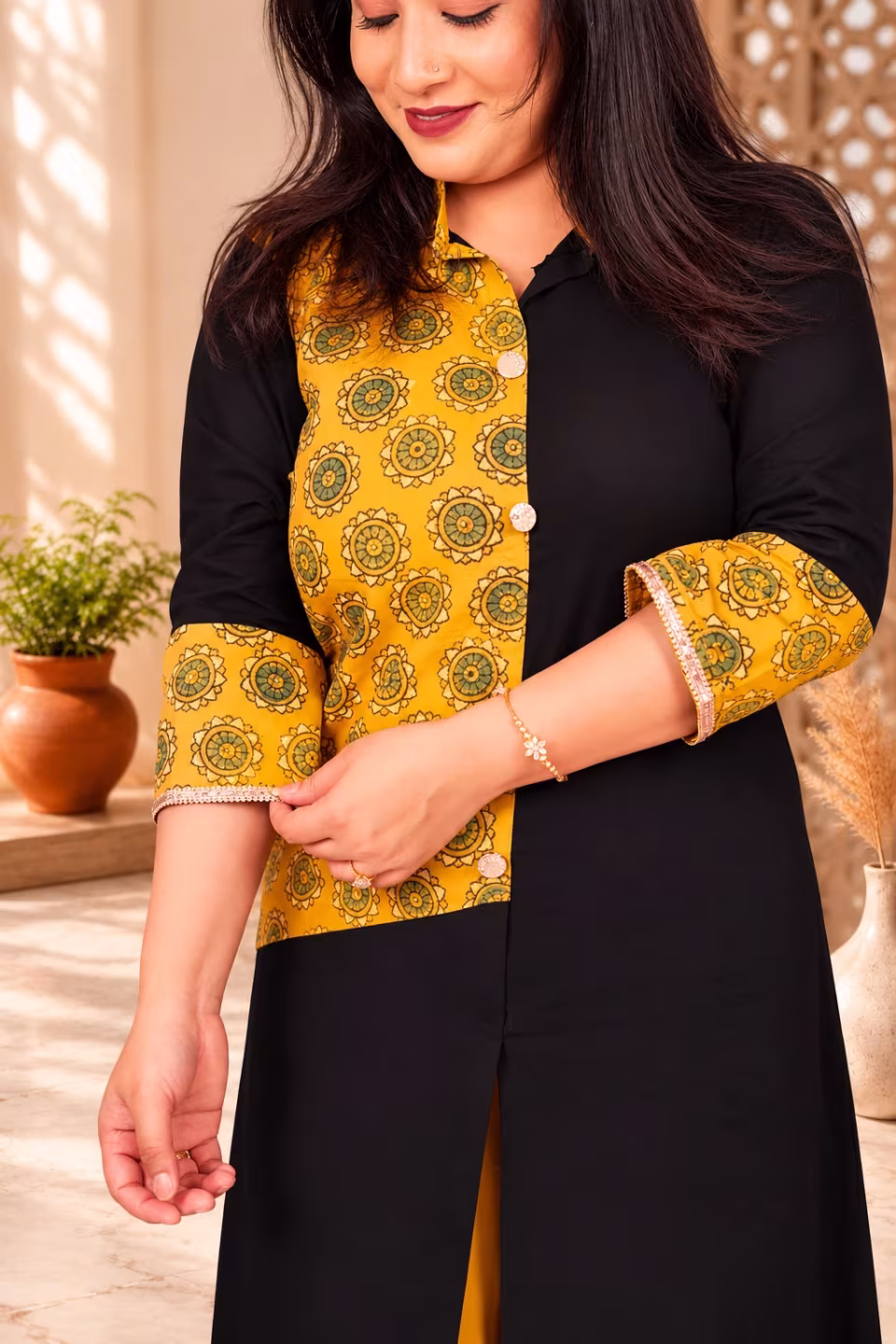 Bagru Block Print detail closeup on Black and Mustard Cotton Kurti