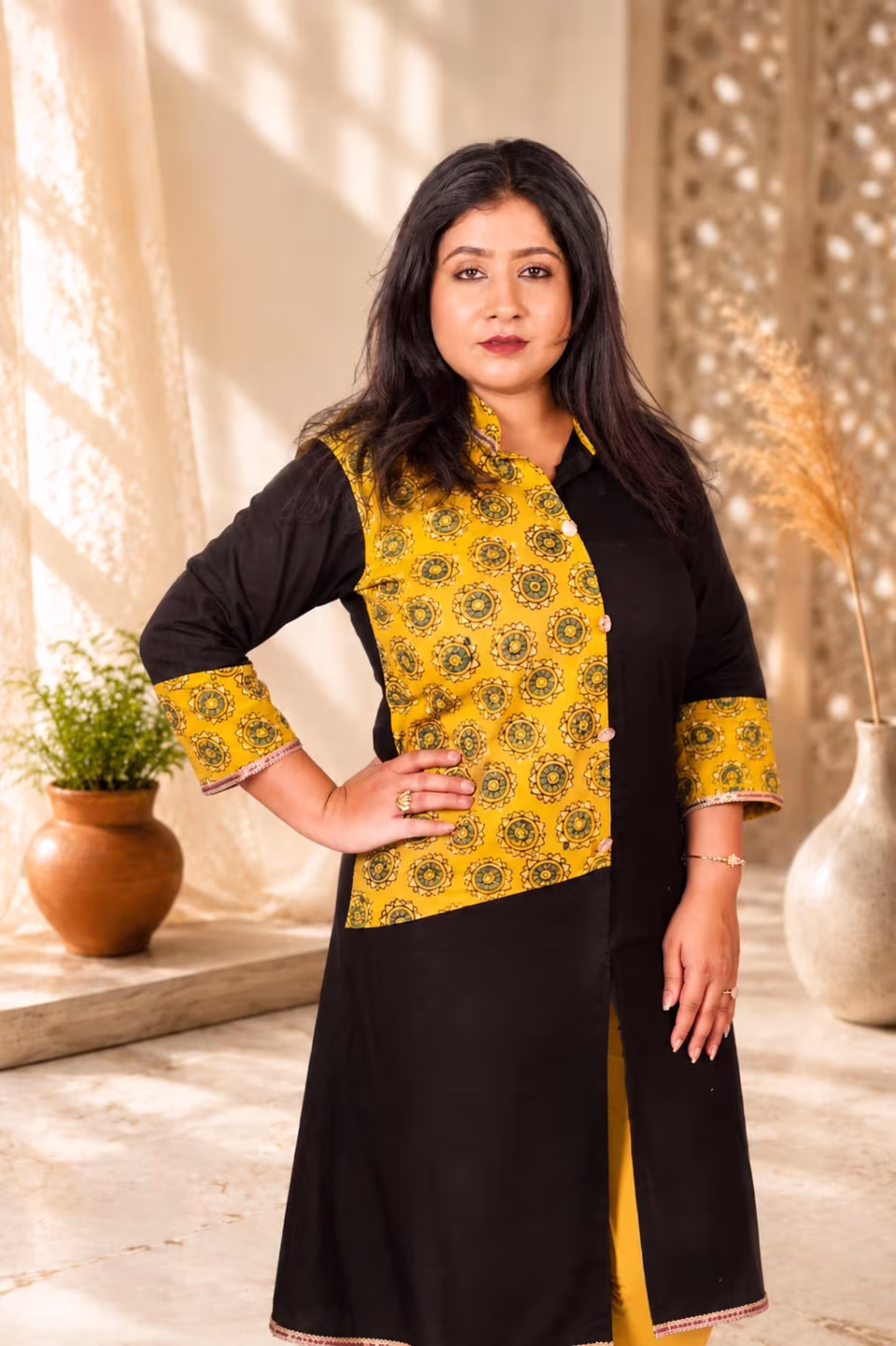 Full length front view of Bagru Block Print Pure Cotton Kurti in Black and Mustard