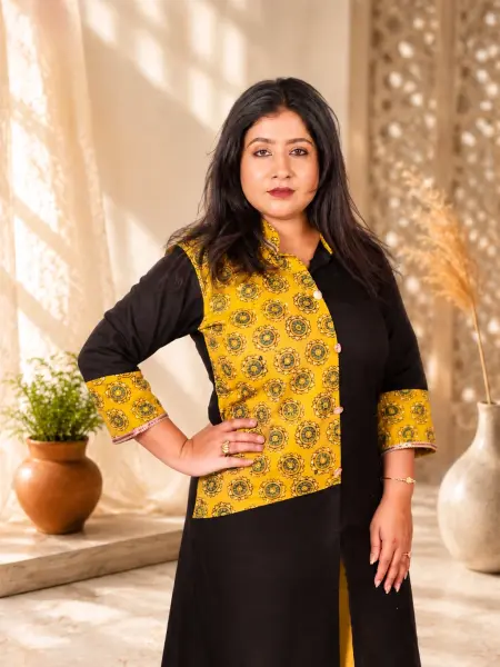Bagru Block Print Pure Cotton Kurti – Black & Mustard