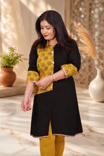 Bagru Block Print Pure Cotton Kurti Black Mustard full length relaxed pose