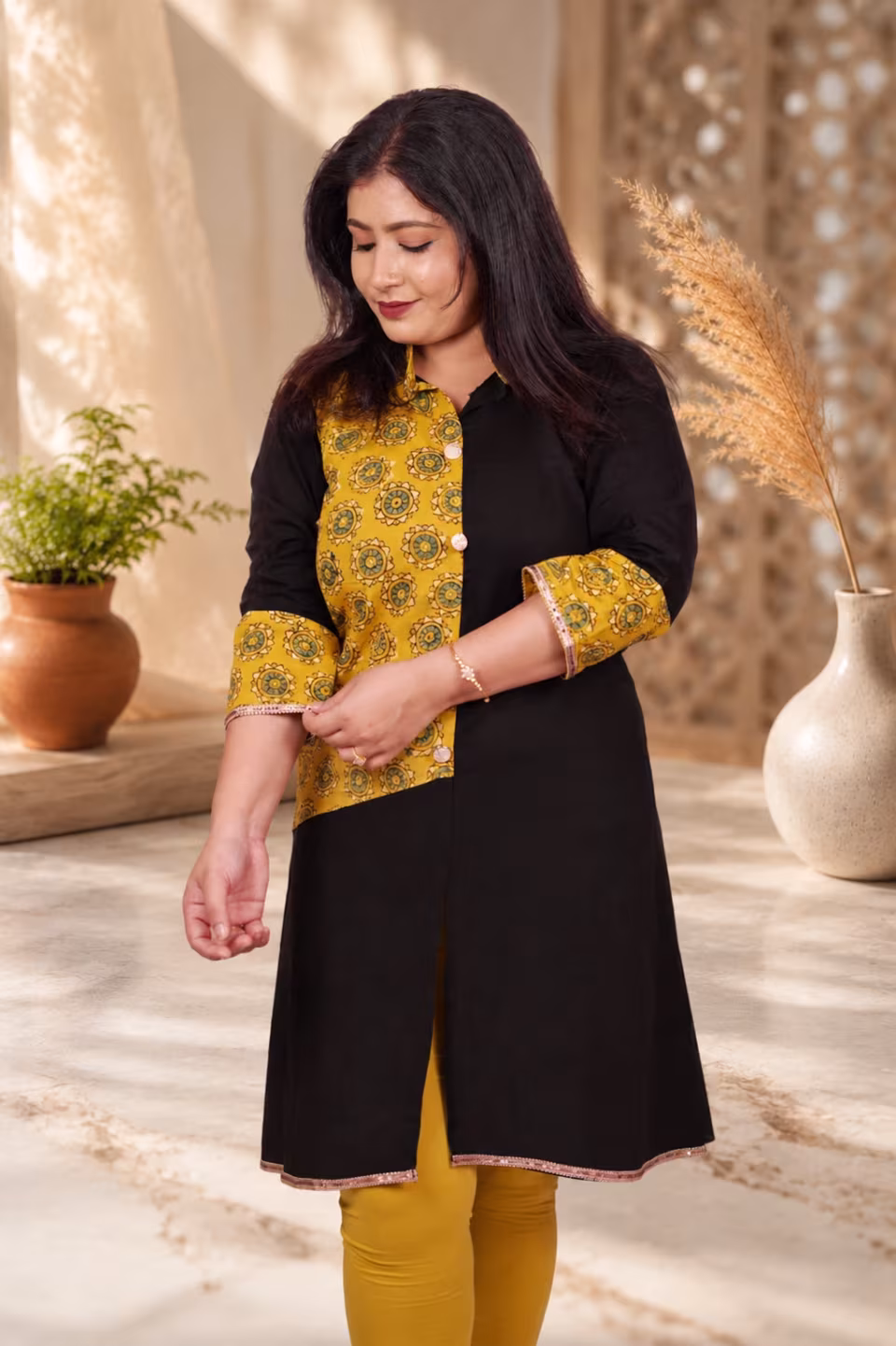 Bagru Block Print Pure Cotton Kurti Black Mustard full length relaxed pose