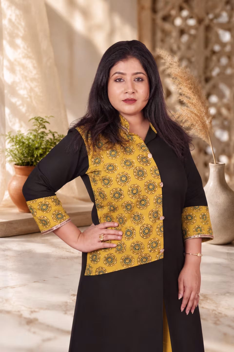 Upper body front view Bagru Block Print Kurti Black and Mustard