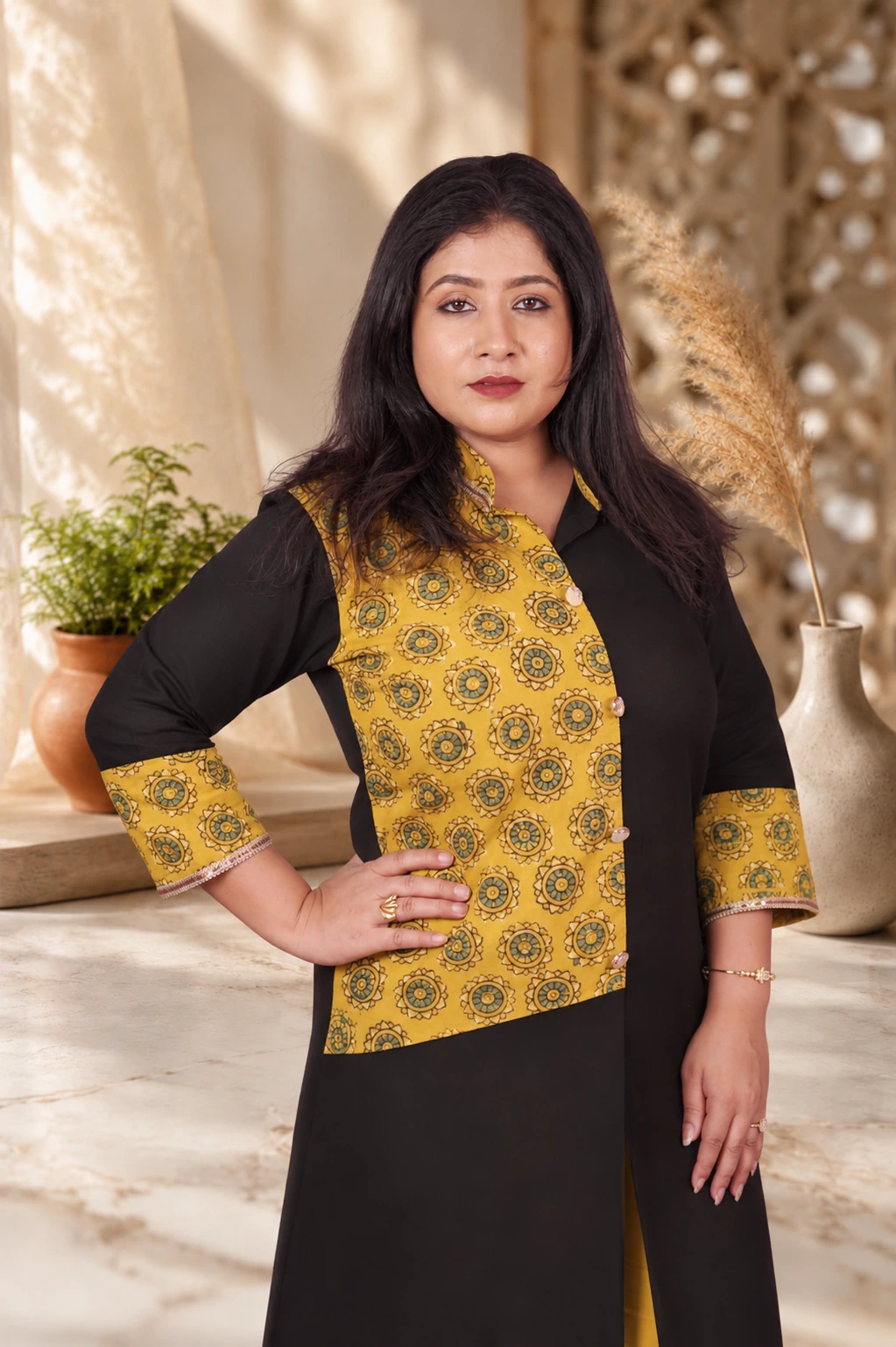 Bagru Block Print Pure Cotton Kurti – Black & Mustard