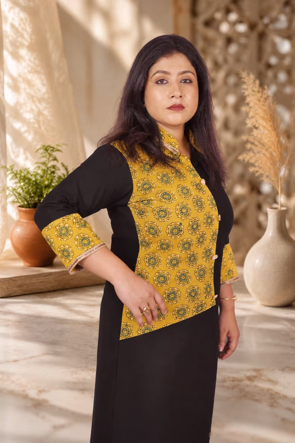 Side angle view of Bagru Block Print Pure Cotton Kurti Black and Mustard