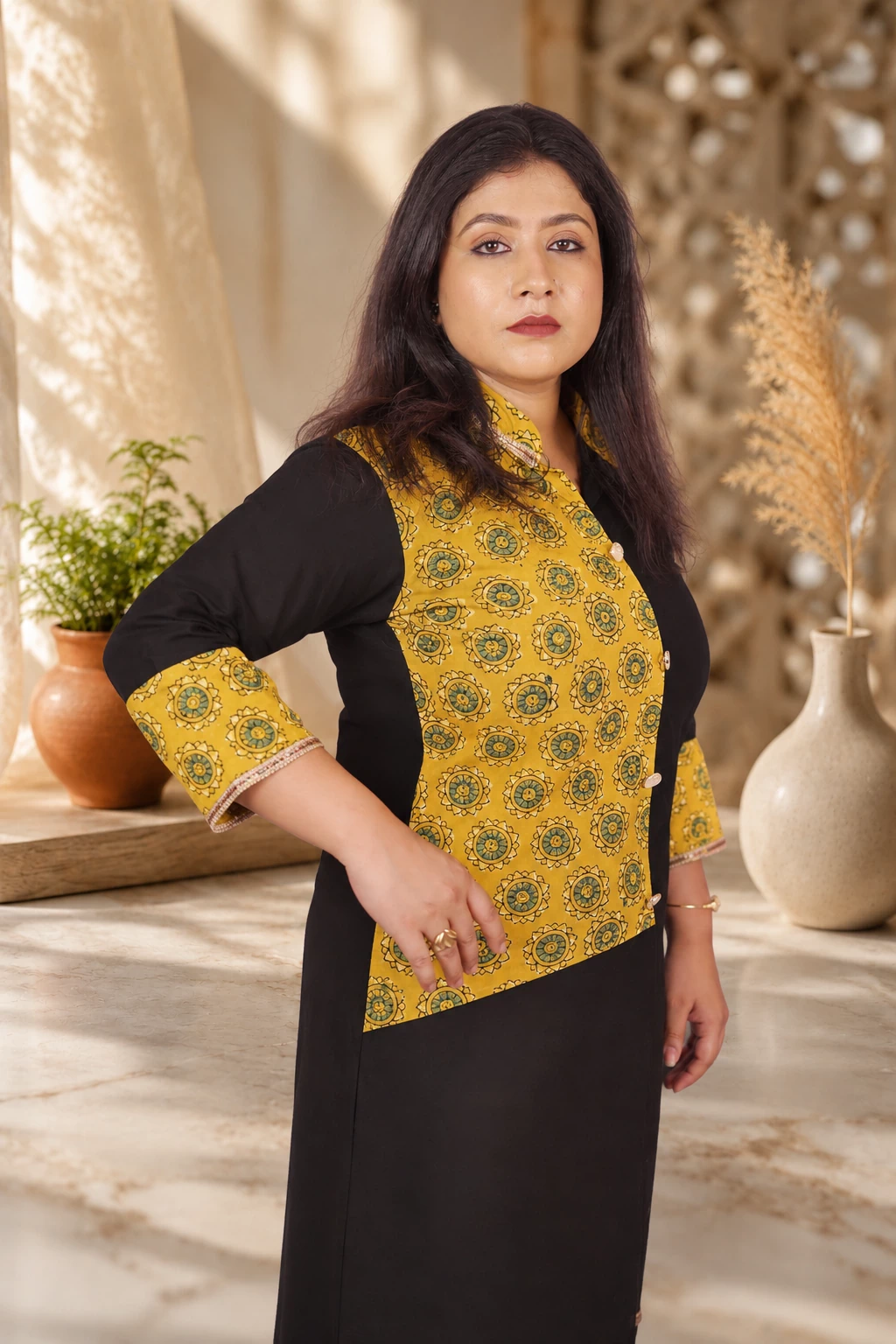 Bagru Block Print Pure Cotton Kurti – Black & Mustard