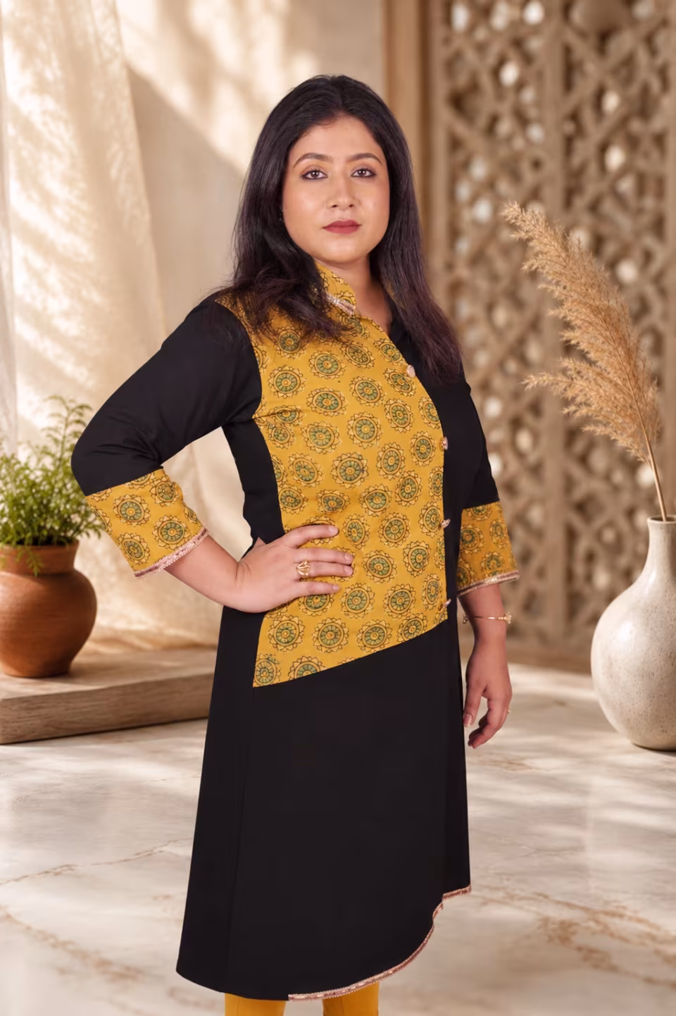 Three-quarter side view Bagru Block Print Pure Cotton Kurti Black Mustard