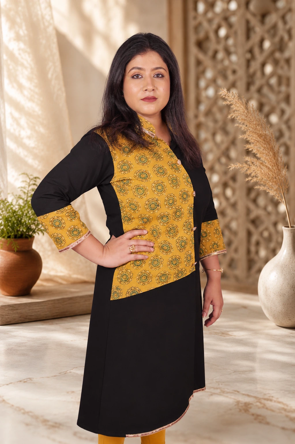 Bagru Block Print Pure Cotton Kurti – Black & Mustard