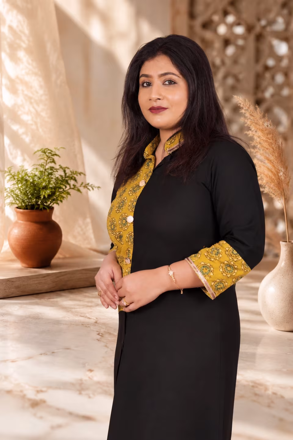 Elegant side view Bagru Block Print Pure Cotton Kurti in Black and Mustard