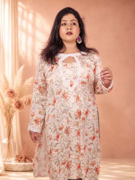Cream Floral Print Silk Kurti with Lace Keyhole Neck for Women