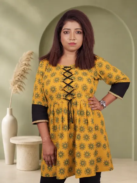 Mustard Bagru Block Print Lace-Up A-Line Kurti – Black Contrast Sleeve