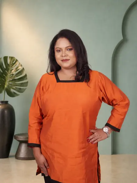 Orange Solid Square Neck Kurti with Black Border
